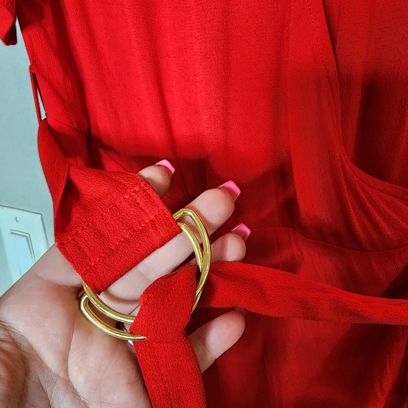 Banana Republic handkerchief hem red wrap midi dress. Belted. Size 12. Pockets - Picture 8 of 16